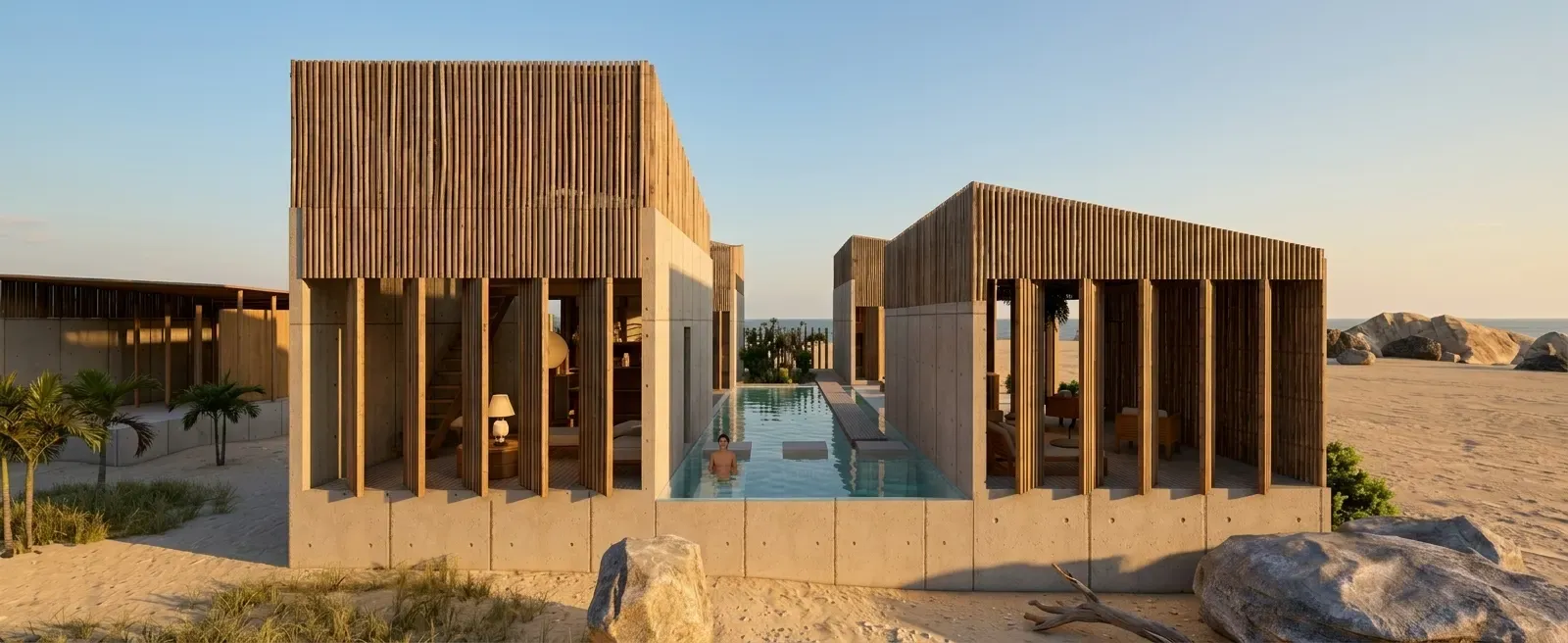 Volúmenes de madera y concreto de Casa Naila alrededor de la alberca