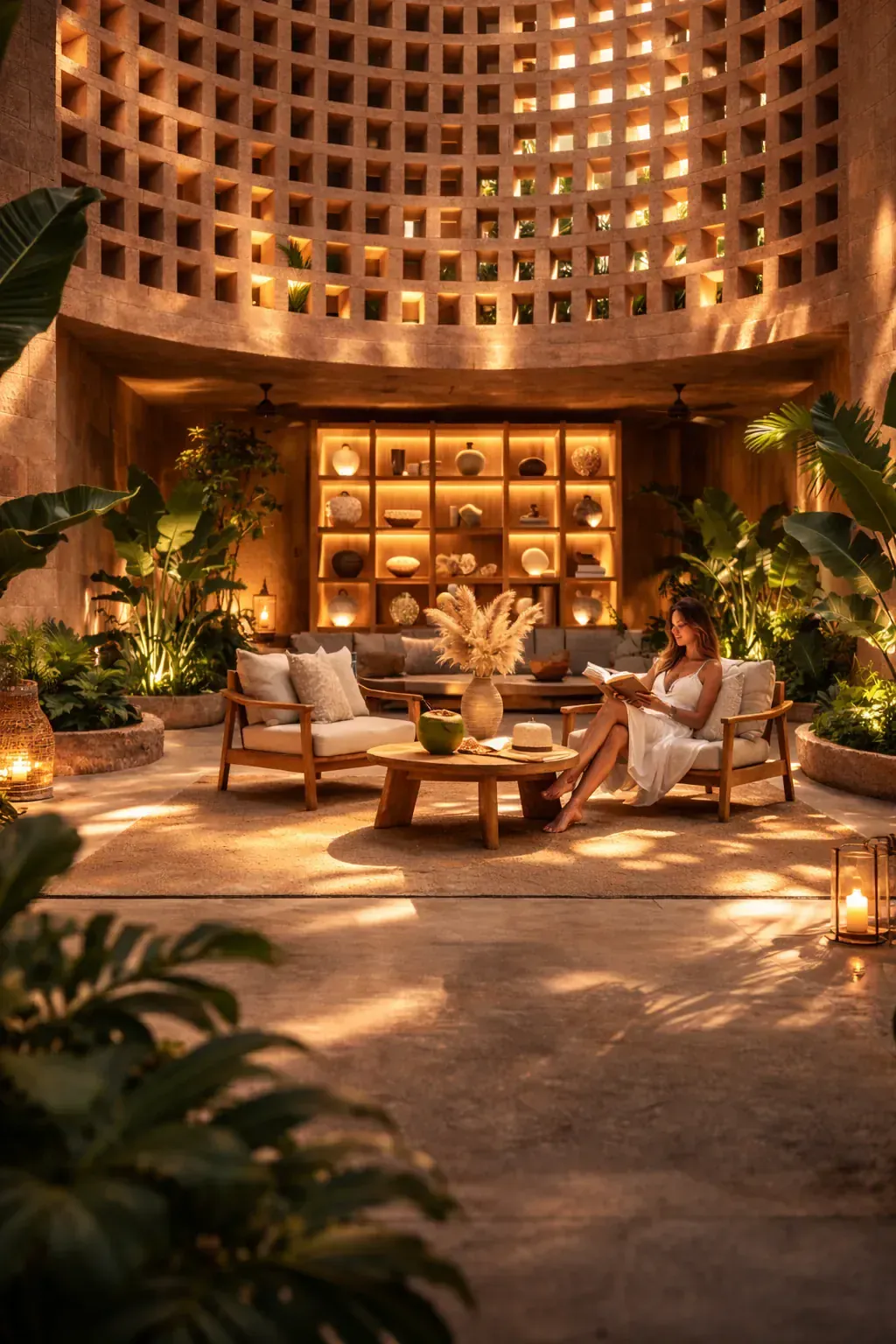 Sala de Moyra con celosías de terracota, vegetación y luz cálida