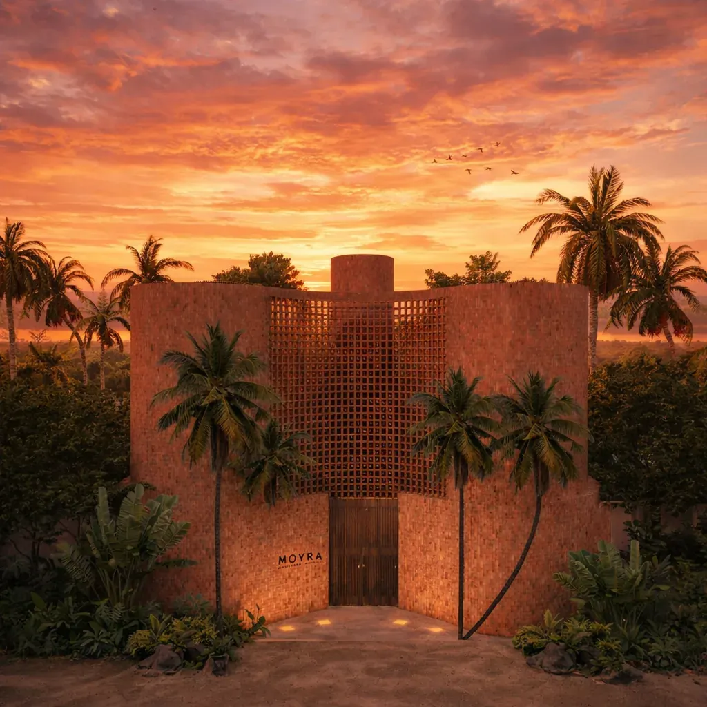 Vista de Moyra al atardecer, arquitectura de terracota rodeada de palmeras